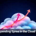 Alt text: Graphic illustration of a stylized upward trending arrow symbolizing growth, superimposed over fluffy clouds, against a dark blue background, with the caption 'Huge Spending Spree in the Cloud Market'.