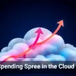 Alt text: Graphic illustration of a stylized upward trending arrow symbolizing growth, superimposed over fluffy clouds, against a dark blue background, with the caption 'Huge Spending Spree in the Cloud Market'.