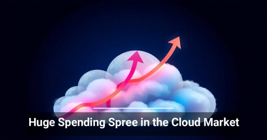 Alt text: Graphic illustration of a stylized upward trending arrow symbolizing growth, superimposed over fluffy clouds, against a dark blue background, with the caption 'Huge Spending Spree in the Cloud Market'.