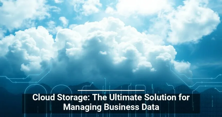 Alt text: Digital conceptual image of cumulus clouds symbolizing cloud storage overlaid with a line graph and cityscape silhouette. Caption reads 'Cloud Storage: The Ultimate Solution for Managing Business Data.'