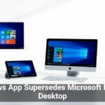 Multiple devices including a wall-mounted monitor, an iMac, a tablet, and a smartphone displaying Windows operating system, emphasizing cross-platform compatibility of a Windows application that supersedes Microsoft Remote Desktop.