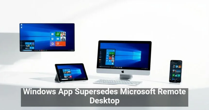 Multiple devices including a wall-mounted monitor, an iMac, a tablet, and a smartphone displaying Windows operating system, emphasizing cross-platform compatibility of a Windows application that supersedes Microsoft Remote Desktop.