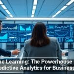 Alt: Three professionals in a modern office setting analyzing data on multiple computer screens that display various financial charts, with text overlay stating Machine Learning: The Powerhouse Behind Predictive Analytics for Businesses.