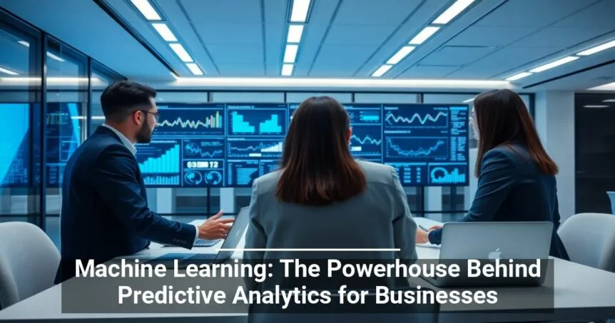 Alt: Three professionals in a modern office setting analyzing data on multiple computer screens that display various financial charts, with text overlay stating Machine Learning: The Powerhouse Behind Predictive Analytics for Businesses.