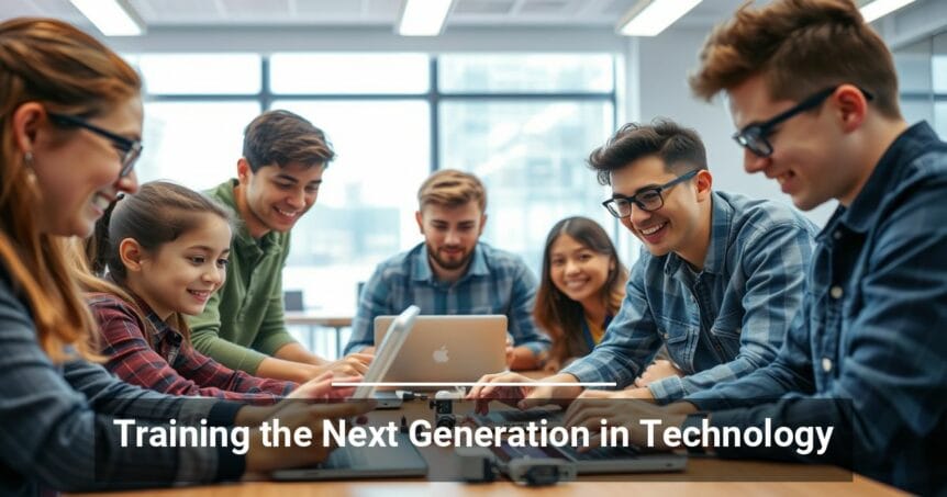 Group of diverse young students engaged around a laptop in a modern classroom setting, with text overlay 'Training the Next Generation in Technology'.