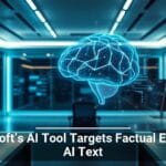 A glowing digital brain floating in the center of a futuristic control room with various data screens, captioned 'Microsoft's AI Tool Targets Factual Errors in AI Text.'