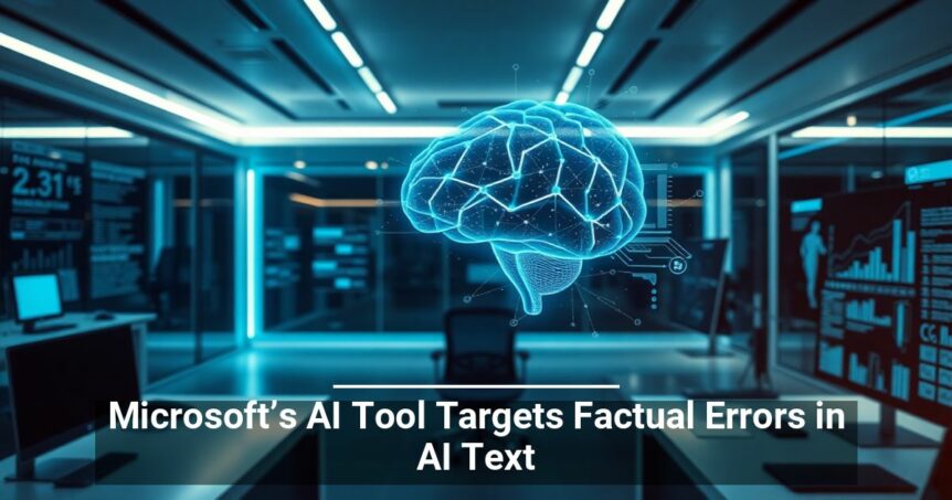 A glowing digital brain floating in the center of a futuristic control room with various data screens, captioned 'Microsoft's AI Tool Targets Factual Errors in AI Text.'