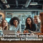 Group of diverse colleagues in a team meeting at a modern office with the text AI Enhances Team Building and Management for Businesses overlay.