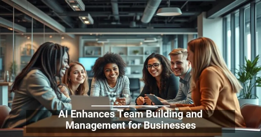 Group of diverse colleagues in a team meeting at a modern office with the text AI Enhances Team Building and Management for Businesses overlay.