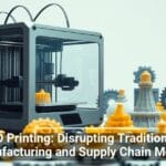 Alt text: A 3D printer with various printed objects including gears and chess pieces, symbolizing the impact on manufacturing and supply chain models.