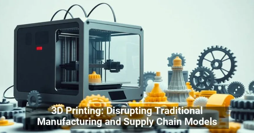 Alt text: A 3D printer with various printed objects including gears and chess pieces, symbolizing the impact on manufacturing and supply chain models.