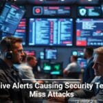 Security professionals in a high-tech operations center monitoring screens, illustrating the concept of excessive alerts potentially causing teams to miss real cyber attacks.