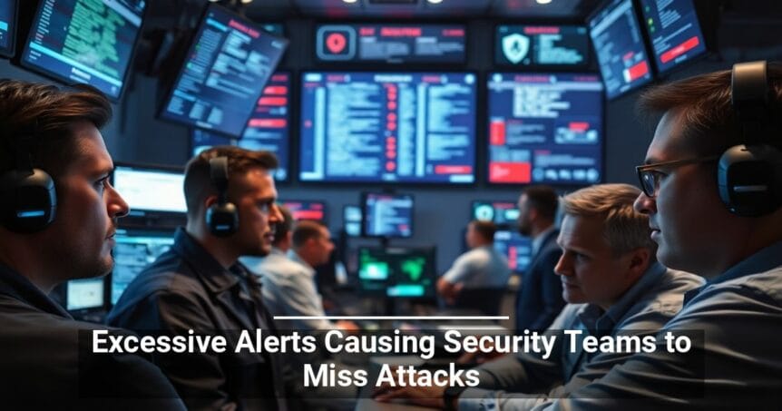 Security professionals in a high-tech operations center monitoring screens, illustrating the concept of excessive alerts potentially causing teams to miss real cyber attacks.