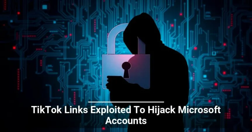 A silhouette of a person in a hoodie holding an oversized padlock against a background of digital circuitry, with the headline TikTok Links Exploited To Hijack Microsoft Accounts displayed at the bottom.