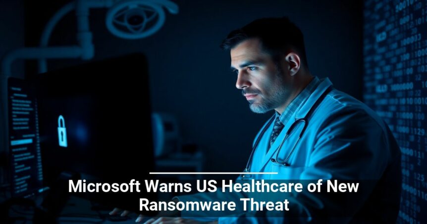 Alt text: A healthcare professional in scrubs looking at a computer screen displaying a padlock symbol, with the headline 'Microsoft Warns US Healthcare of New Ransomware Threat'