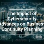 Alt text: Conceptual image overlaying a text headline 'The Impact of Cybersecurity Advances on Business Continuity Planning' onto a digitalized boardroom scene with figures around a table, cybersecurity icons, and data visualization graphics.