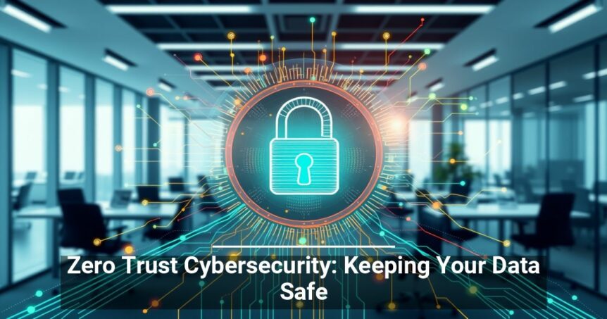 Alt text: Modern office environment with a holographic padlock and digital connections illustrating Zero Trust Cybersecurity concept, with the caption 'Zero Trust Cybersecurity: Keeping Your Data Safe'.