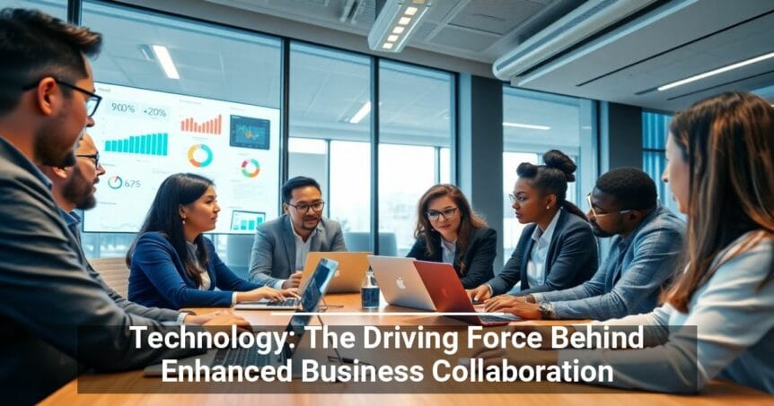 Group of diverse professionals engaged in a business meeting with laptops and a digital display showcasing graphs and data in the background, emphasizing the role of technology in enhancing business collaboration.