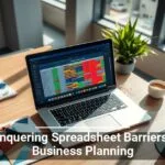 A laptop on a desk displaying colorful bar graphs on a spreadsheet, with a notepad, pen, and a cup of coffee on the side, suggesting a focus on overcoming challenges in business planning.