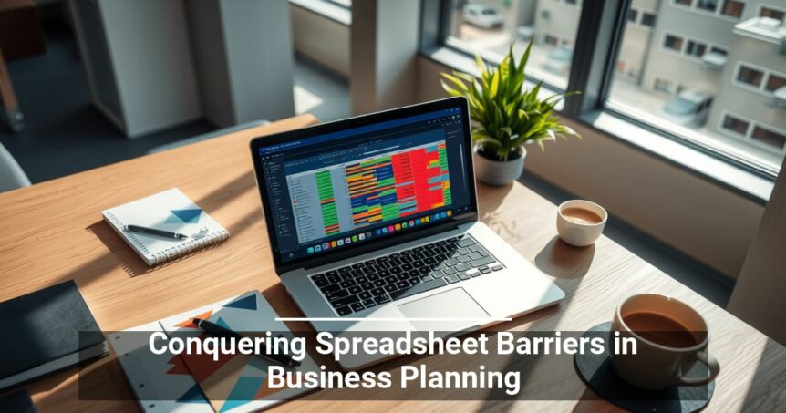 A laptop on a desk displaying colorful bar graphs on a spreadsheet, with a notepad, pen, and a cup of coffee on the side, suggesting a focus on overcoming challenges in business planning.