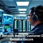 Alt text: A male technician with headphones monitors multiple data screens in a network operations center, with text overlay stating 'ADT Network Breach: Customer Data Remains Secure'.