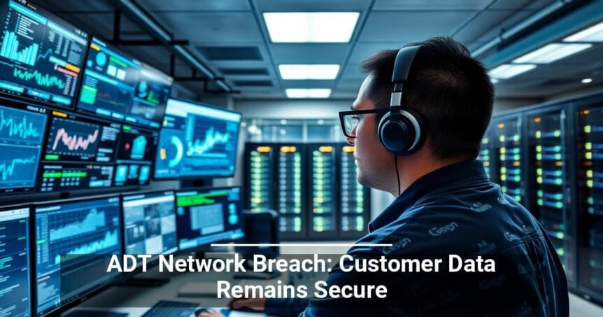 Alt text: A male technician with headphones monitors multiple data screens in a network operations center, with text overlay stating 'ADT Network Breach: Customer Data Remains Secure'.