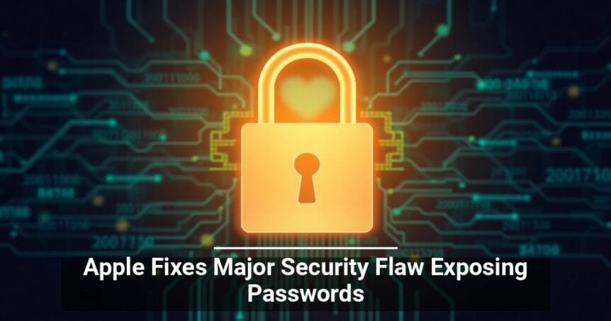 Graphic of a glowing orange padlock with a heart shape in the lock against a background of digital circuit board lines with text overlay announcing 'Apple Fixes Major Security Flaw Exposing Passwords'.