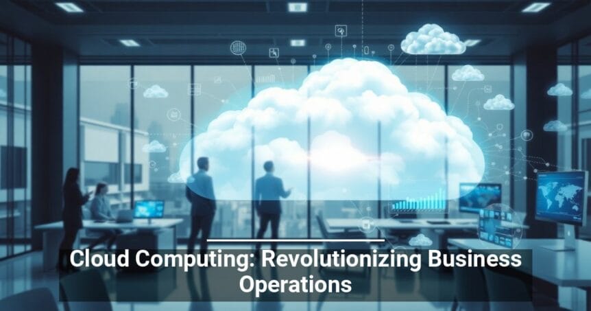 An office environment with professionals looking towards a large graphical cloud representing cloud computing concepts, with digital graphs and global connectivity icons superimposed over the image and the caption 'Cloud Computing: Revolutionizing Business Operations' at the bottom.