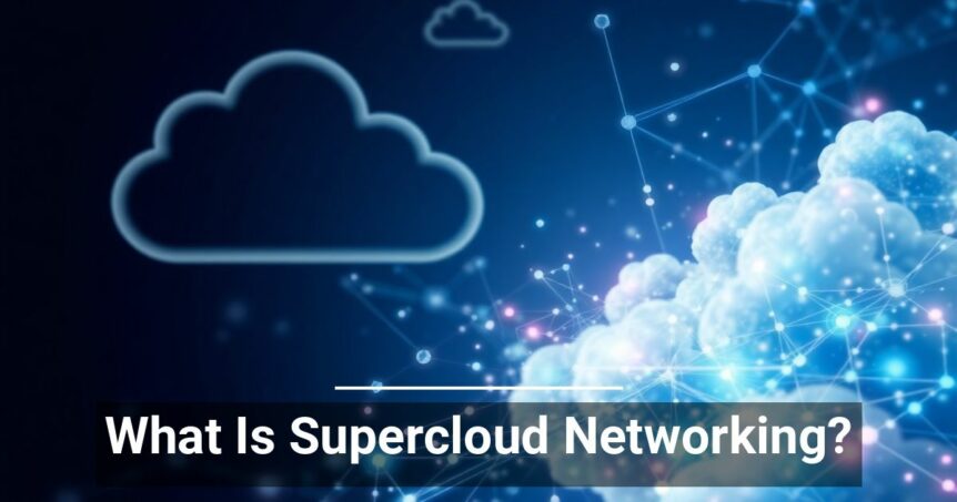 A digital illustration of cloud computing with stylized clouds connected by lines and dots representing a network, overlayed with text What Is Supercloud Networking? on a dark blue background.