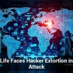 A digital graphic showcasing a world map with a cybersecurity theme, highlighting various security elements like locks and code, with a headline stating Globe Life Faces Hacker Extortion in Cyber Attack.