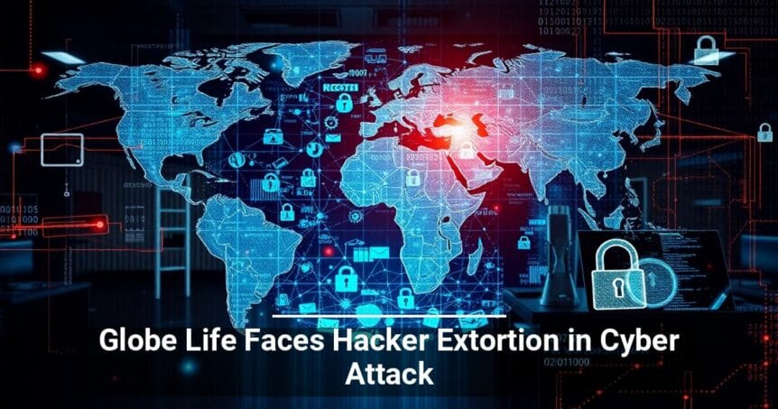 A digital graphic showcasing a world map with a cybersecurity theme, highlighting various security elements like locks and code, with a headline stating Globe Life Faces Hacker Extortion in Cyber Attack.