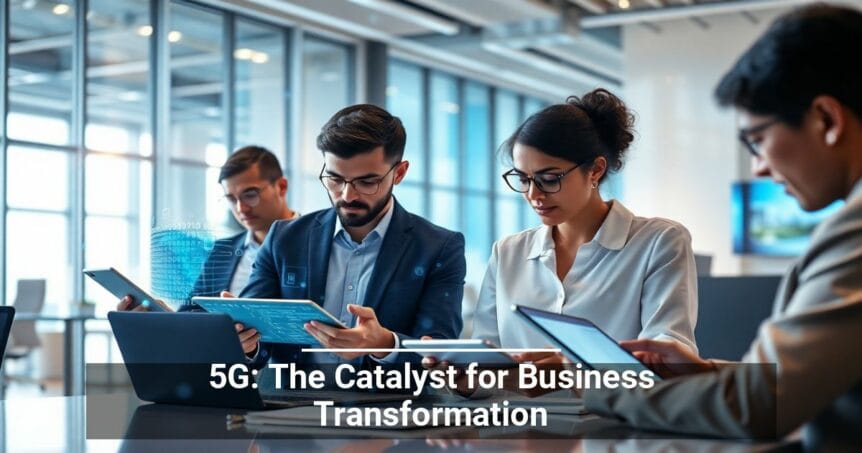 Alt text: Four professionals focused on their digital devices in a modern office setting, with a holographic image of a globe and the text '5G: The Catalyst for Business Transformation' overlaid, symbolizing the impact of 5G technology on business.