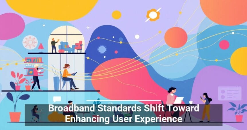 Colorful illustration of a multi-layered office environment with people working and interacting, set against an abstract background of flowing lines and planetary shapes, with a bold heading stating 'Broadband Standards Shift Toward Enhancing User Experience.'