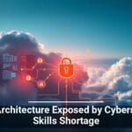 Conceptual image of cloud architecture with security icons overlayed on a backdrop of clouds and sky, highlighting vulnerability due to cybersecurity skills shortage. Text on image: Cloud Architecture Exposed by Cybersecurity Skills Shortage.