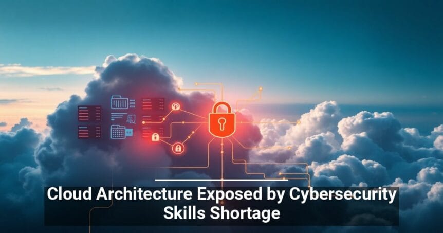 Conceptual image of cloud architecture with security icons overlayed on a backdrop of clouds and sky, highlighting vulnerability due to cybersecurity skills shortage. Text on image: Cloud Architecture Exposed by Cybersecurity Skills Shortage.