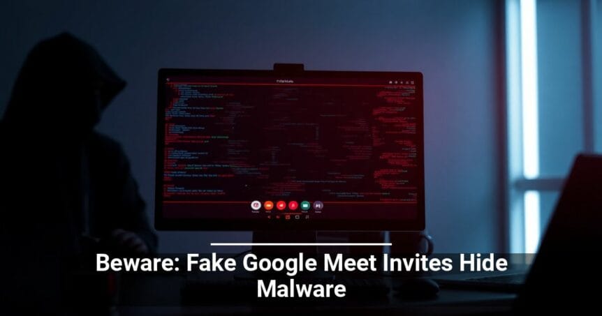 A silhouette of a person with a hood working on a computer with a screen displaying code, with a caption warning about fake Google Meet invites containing malware.