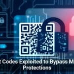 Illustration of a QR code merged with a padlock overlaying a circuit board, symbolizing security vulnerabilities, with text 'QR Codes Exploited to Bypass MFA Protections'.