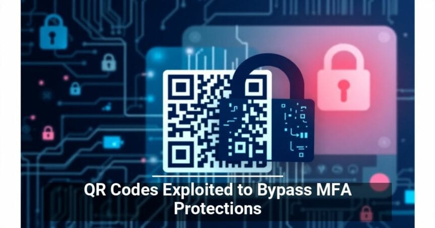 Illustration of a QR code merged with a padlock overlaying a circuit board, symbolizing security vulnerabilities, with text 'QR Codes Exploited to Bypass MFA Protections'.