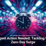 A vintage alarm clock is at the center surrounded by a digital background with red and blue light streaks zooming outwards, with the headline 'Urgent Action Needed: Tackling the Zero-Day Surge' indicating a theme of cybersecurity urgency.