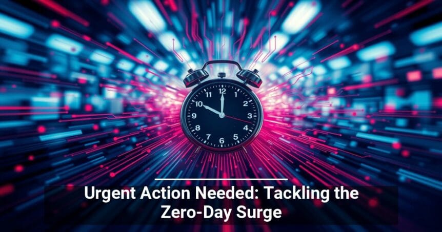 A vintage alarm clock is at the center surrounded by a digital background with red and blue light streaks zooming outwards, with the headline 'Urgent Action Needed: Tackling the Zero-Day Surge' indicating a theme of cybersecurity urgency.