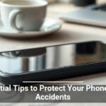 A smartphone lies on a textured surface with a caption 'Essential Tips to Protect Your Phone from Accidents', accompanied by a cup of coffee, a pen, and a laptop in the background.