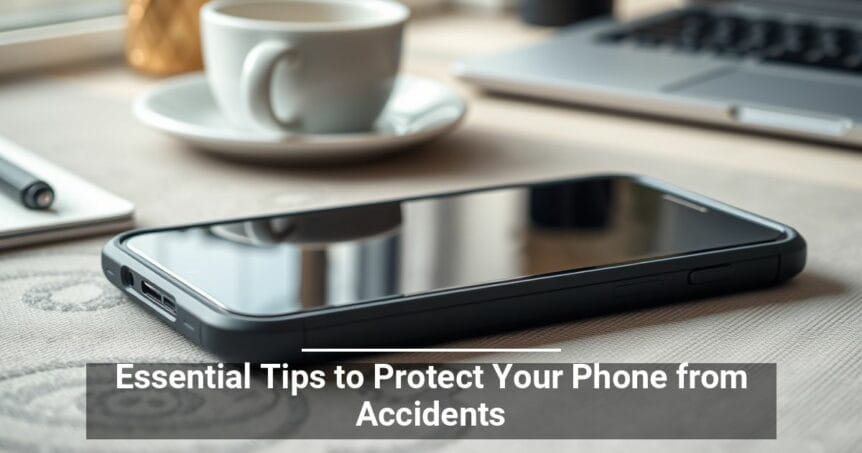 A smartphone lies on a textured surface with a caption 'Essential Tips to Protect Your Phone from Accidents', accompanied by a cup of coffee, a pen, and a laptop in the background.