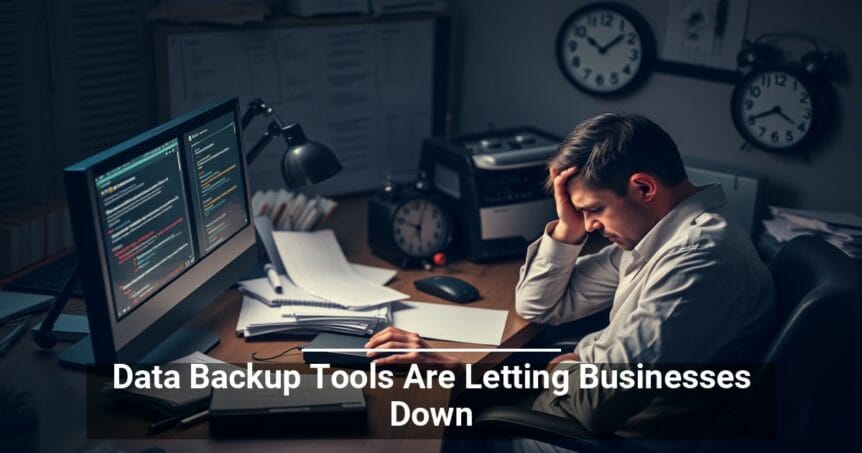 A frustrated individual at a desk with multiple screens displaying code, surrounded by office supplies and clocks, with overlaid text stating 'Data Backup Tools Are Letting Businesses Down'.