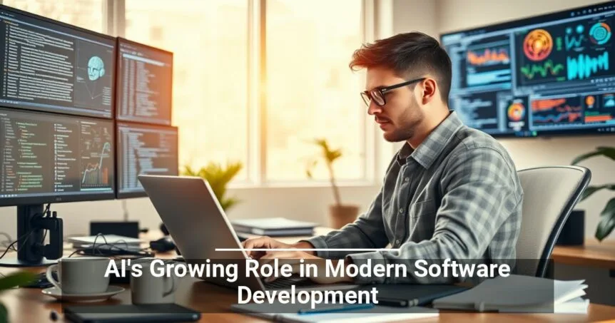 Focused software developer working on a laptop with multiple screens displaying code and data analytics in the background, highlighting AI's growing role in modern software development.