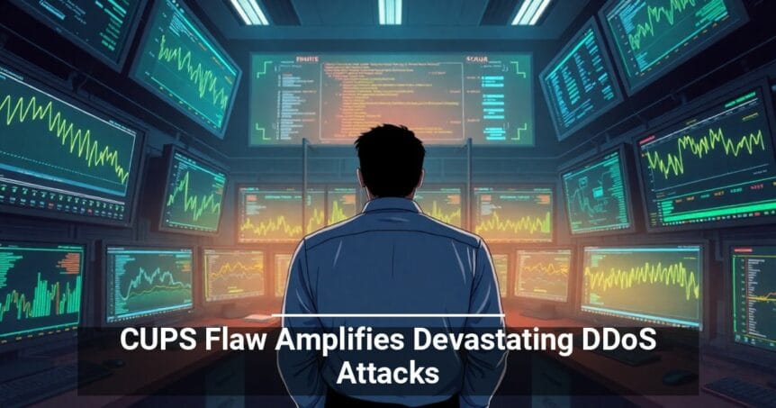 Illustration of a person from behind, observing multiple computer monitors displaying graphs and data, with a caption about a CUPS flaw linked to DDoS attacks.