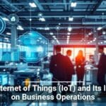 Alt text: Digital illustration overlaying a factory floor where professionals are discussing, showcasing various Internet of Things (IoT) icons and graphs, highlighting the theme 'The Internet of Things (IoT) and Its Impact on Business Operations'.