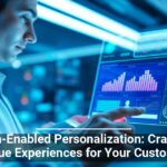 Professional analyzing data on a futuristic interactive display with graphs and analytics, with text overlay 'Tech-Enabled Personalization: Crafting Unique Experiences for Your Customers'