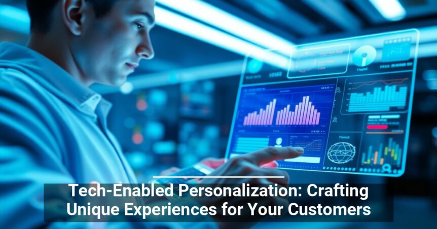 Professional analyzing data on a futuristic interactive display with graphs and analytics, with text overlay 'Tech-Enabled Personalization: Crafting Unique Experiences for Your Customers'