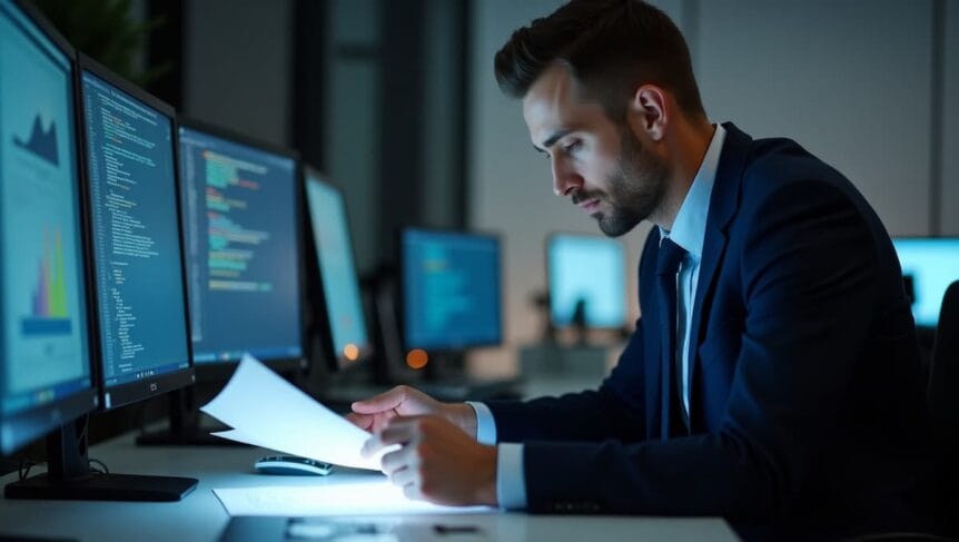 A focused businessman analyzing data on a computer screen in a modern office