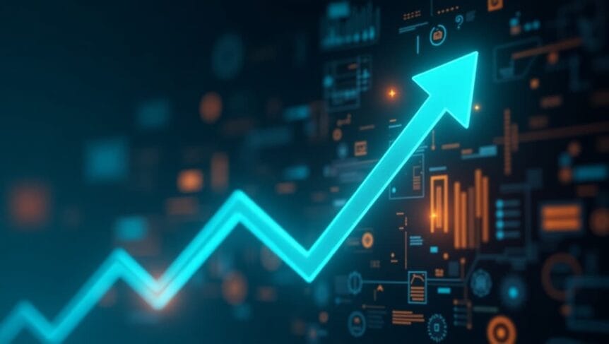 Illustration of a glowing upward arrow symbolizing growth and maximizing ROI with AI technology, surrounded by gear and network icons. Text reads Maximizing ROI: Unlocking AI's Full Potential.